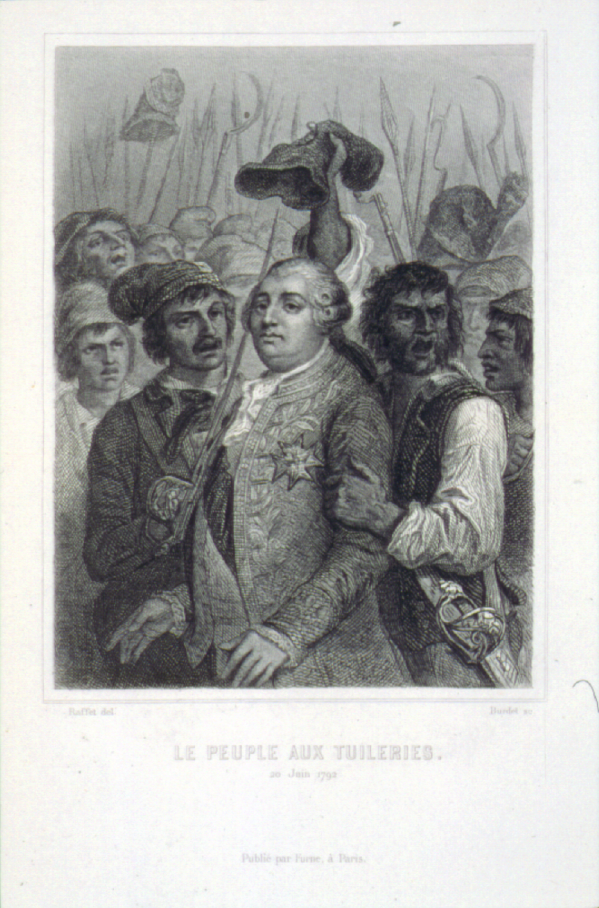 Etching of rioters forcing the king to wear a Phyrgian cap and drink to the health of the nation