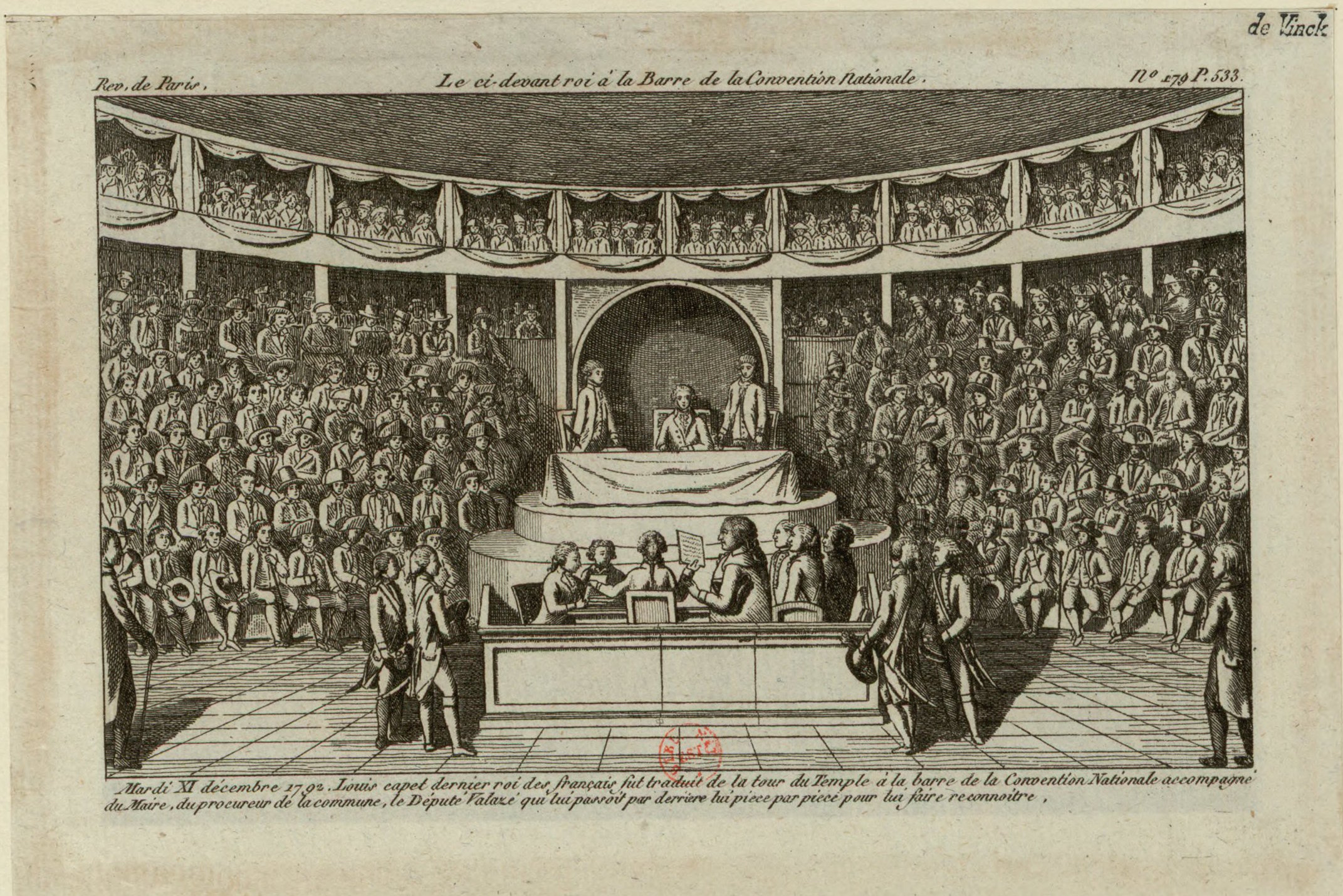 Engraving of King Louis XVI standing trial