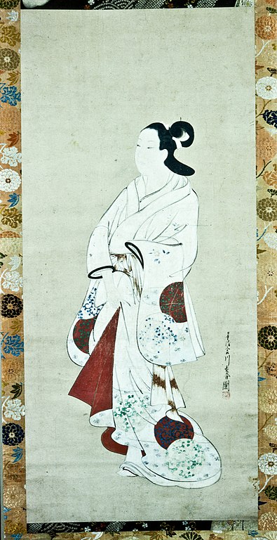 An ink painting of a woman standing in a white kimono