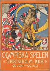 Poster for olympic games features drawing of an athlete surrounded by flags.