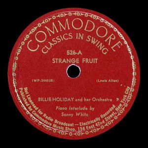 The vinyl label for Billie Holiday's "Strange Fruit." 