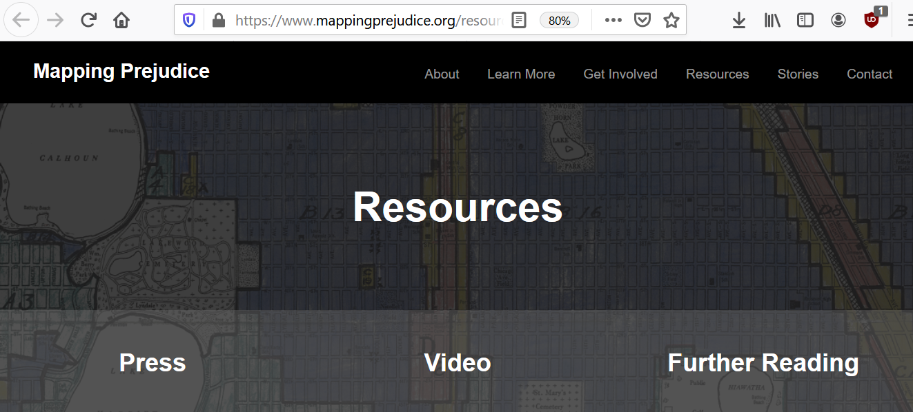 Screenshot of mapping prejudice project website. Text includes Mapping Prejudice at the top, Resources in the center  and Press, Video and Further Reading on the bottom.