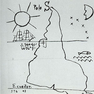 A drawing shows the continent of South American with South at the top.
