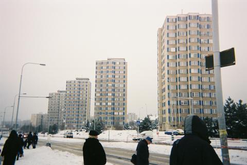 This image shows several large panelaks, or concrete prefab housing units prevalent in Eastern Europe.