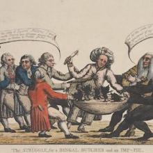 Cartoon depicts a tug of war over a pie. 