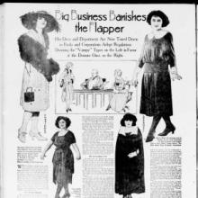 A newspaper article titled big business banishes the flapper. On the left is a woman dressed as a flapper, and on the right is a woman dressed modestly in black.