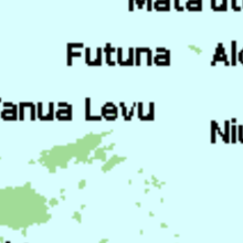 Islands under the sphere of Tongan influence in Oceania. The islands are green and the background is blue to represent the water. The screenshot is cropped to focus on the islands in the northwest of the empire.