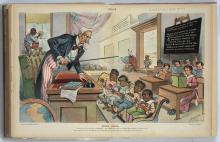 Uncle Sam is the teacher of a class filled with personified States, people groups, and regions as the young students. 