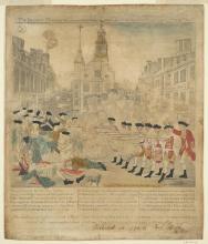 Scan of the Paul Reever engraving titled “The Bloody Massacre Perpetrated in King Street, Boston, March 5, 1770”. British soldiers to the right fire into a crowd of unarmed colonial men.  