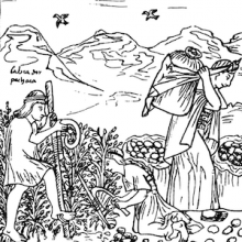 Drawing shows two people harvesting grain and and one carrying it away in bushels