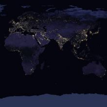 Map of the earth showing areas where lights can be seen from space at night