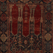 Carpet with Triple-Arch Design, ca. 1575–90, Turkey, The Metropolitan Museum of Art Close-up image of an early modern Ottoman sajjadah rug