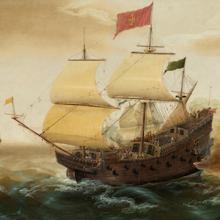 Painting of a Spanish Galleon at sea firing its canons 