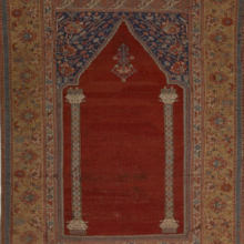 Prayer (Sajjadah) Rug, Ottoman Turkey, 18th century, 66 15/16 in x 48 1/4 in, media - wool (warp & weft), knotted pile, <a href="https://art.thewalters.org/detail/19583/prayer-rug/">The Walters Arts Museum</a> Close-up image of an early modern Ottoman sajjadah rug