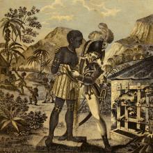 Engraving called The Mode of training Blood Hounds in St. Domingo