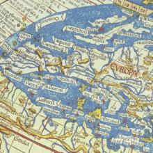 Ptolemy's Map displays a out of proportion western Europe, Mediterranean, and North Africa.