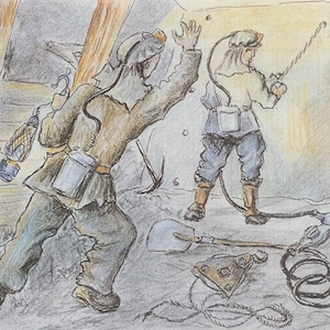 Color sketch from Evfrosiniia Kersnovskaia's self-illustrated memoirs of two miners